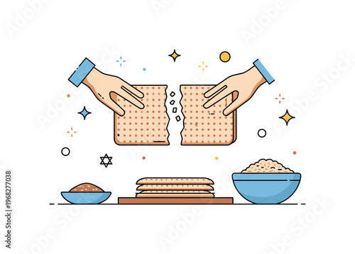 Passover traditions matzah preparation concept where hands break and serve matzah while tiny sparkle and star icons highlight ritual, heritage, and culinary