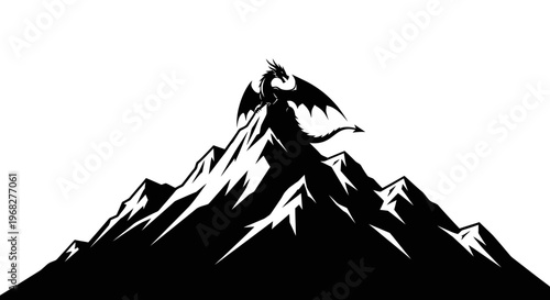 Dragon perched atop a majestic mountain peak silhouette.