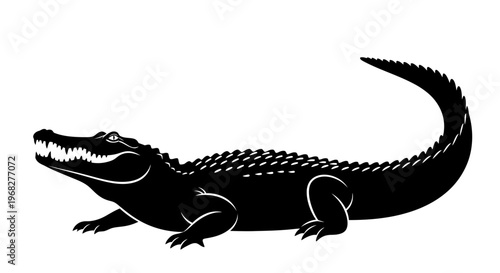 Black silhouette of an alligator or crocodile, a powerful reptile with sharp teeth, isolated on a white background, showcasing its predatory nature and distinct
