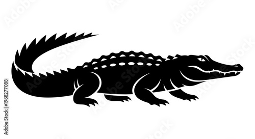 Black Silhouette of an Alligator or Crocodile on White Background.