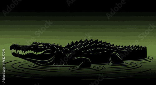 Alligator lurking in dark swamp water at night.