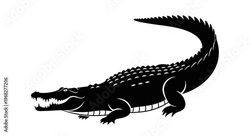 Black and white illustration of a fierce alligator with its mouth open, showcasing its sharp teeth and powerful jaws, a symbol of strength and danger.