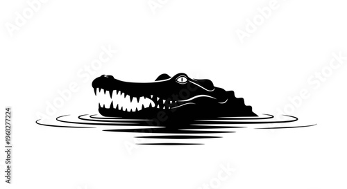 Alligator or crocodile head emerging from water, black and white illustration.