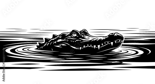 Alligator or crocodile head emerging from water, black and white illustration.