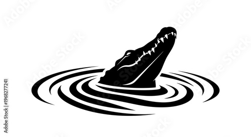 Alligator or crocodile head emerging from water ripples.