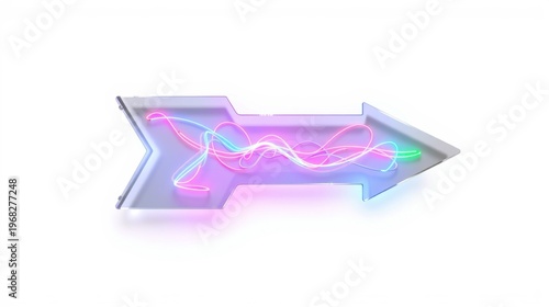 Neon arrow sign, vibrant pinks, blues. Modern design element, isolated on white background. Bright illumination, sleek aesthetic.