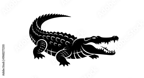 Black and white illustration of a fierce crocodile.