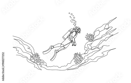 Deep Sea Diver. Minimalistic one-line drawing scuba diver descending near underwater rocks and coral, continuous single black line on white background, simple