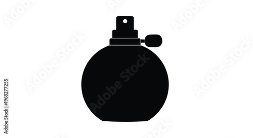 A minimalist black silhouette depicts a vintage perfume bottle with a spherical base and spray nozzle