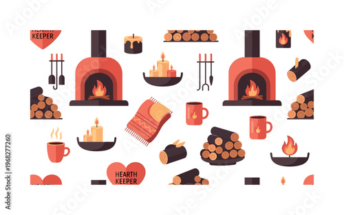 hearth keeper icons seamless pattern, repeating pattern, surface design, textile print, modern illustration of firewood stacks, glowing fireplaces, hearth