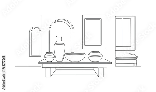 Interior Ceramics. Minimalistic one-line drawing decorative pots and bowls showcased in living space, continuous single black line on white background, simple
