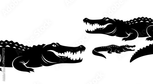 Alligator or crocodile black silhouette set.