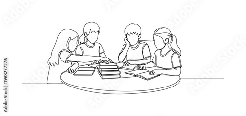 Inclusive Study. Minimalistic one-line drawing children studying at table with shared resources, continuous single black line on white background, simple