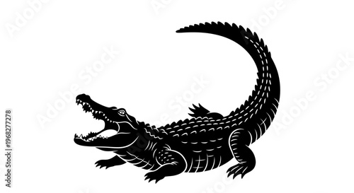 Black and white illustration of a fierce crocodile with its mouth open.
