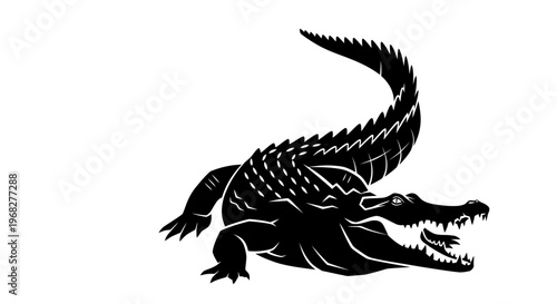 Black and white illustration of a fierce crocodile with its mouth open.