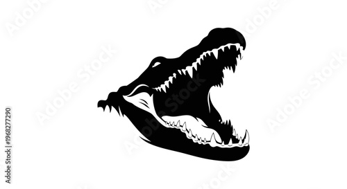 Powerful Alligator Head with Open Jaws and Sharp Teeth in Striking Black and White.