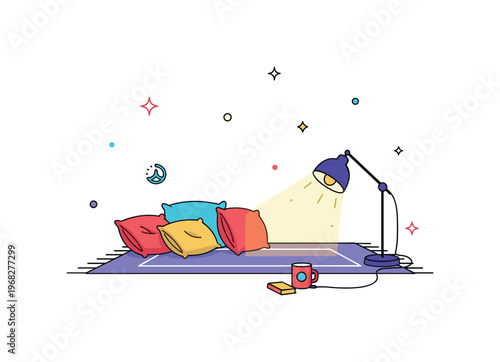 Quiet apartment evening relaxation concept where a soft rug, pillows, and ambient lighting create comfort while tiny sparkle and star icons highlight serenity,