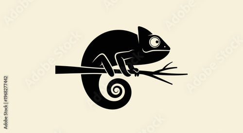 Chameleon silhouette perched on a branch.