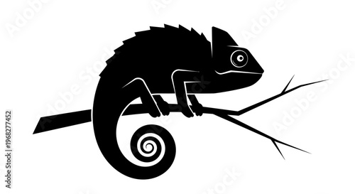 Chameleon silhouette perched on a branch, black and white vector illustration.