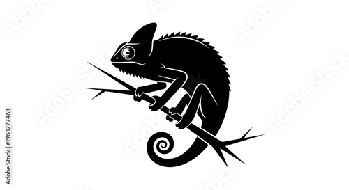 Chameleon silhouette perched on a branch, black and white illustration.