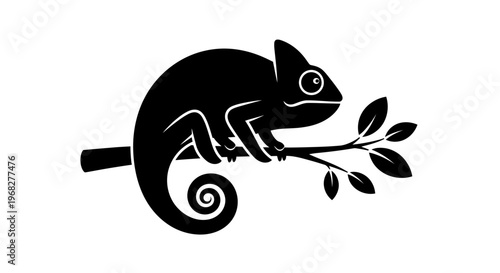 Chameleon silhouette perched on a branch with leaves.