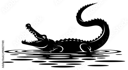 Alligator or Crocodile Silhouette in Water with Open Mouth.