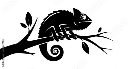 Chameleon silhouette perched on a tree branch.