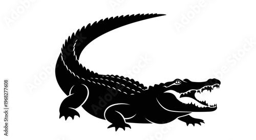 Black crocodile logo with open mouth and sharp teeth on a white background.