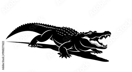 Alligator or crocodile with open mouth, black and white illustration.