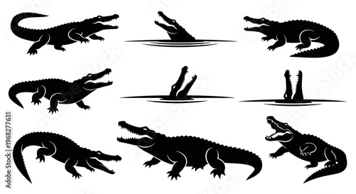 Collection of alligator and crocodile silhouettes in different poses.