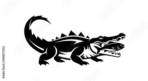 Alligator or Crocodile with Fish in Mouth Black and White Woodcut.