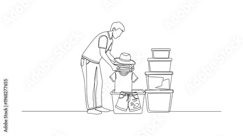 Packing Away Summer Wear. Minimalistic one-line drawing individual putting summer garments into storage bins, continuous single black line on white background,
