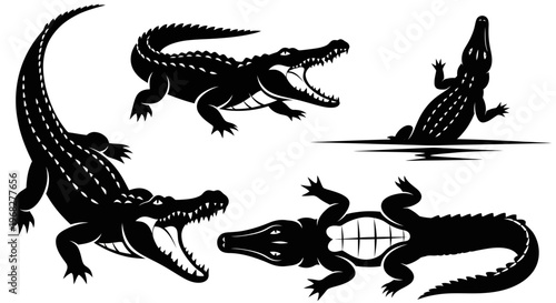 Collection of Alligator and Crocodile Silhouettes in Various Poses.