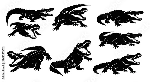 Collection of Alligator and Crocodile Silhouettes with Open Jaws.
