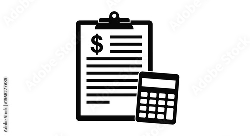 A black and white image depicting a clipboard with lines and a dollar sign plus a calculator