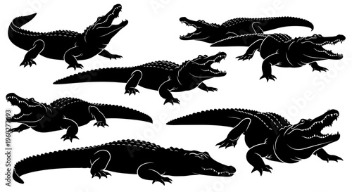 Collection of Alligator Silhouettes with Open Mouths and Aggressive Postures.