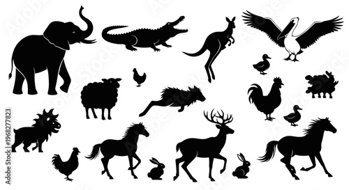Collection of Diverse Animal Silhouettes Isolated on White Background.