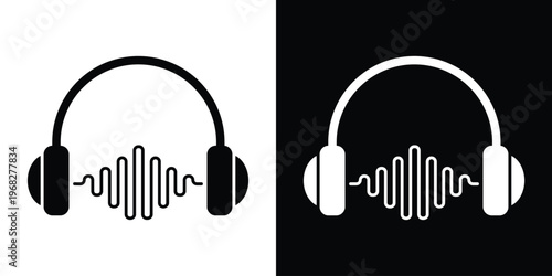 Modern flat vector icon of headphones combined with a digital sound wave. Perfect for representing music production, podcasts, audio editing, streaming services, and acoustic technology.