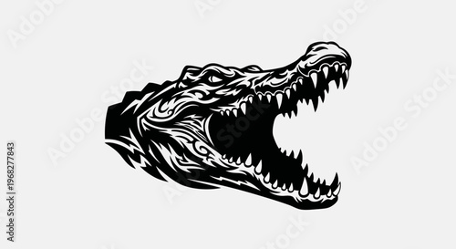 Fierce crocodile head illustration with open jaws and sharp teeth.