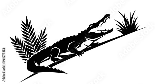 Alligator silhouette in a swamp with plants.