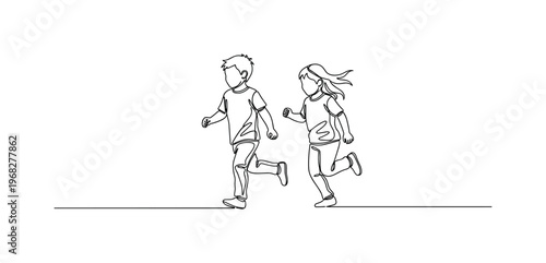 Running Siblings. Minimalistic one-line drawing two kids running across yard, continuous single black line on white background, simple outline style, no