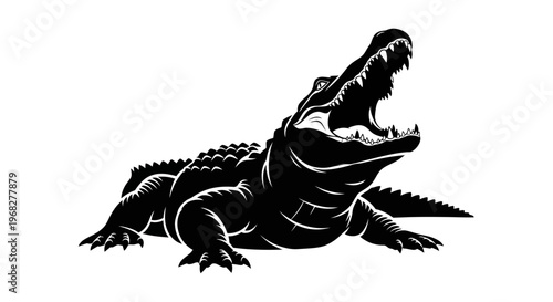 Powerful Alligator Roaring with Open Jaws Black and White.