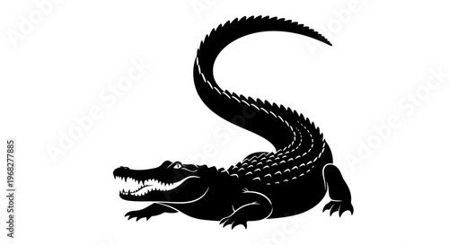 Black silhouette of a crocodile on a white background.