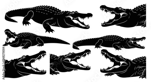 Collection of powerful crocodile silhouettes with open jaws, showcasing their formidable presence and sharp teeth in various dynamic poses.