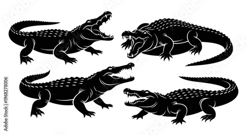 Four powerful black crocodile silhouettes with open jaws.