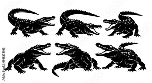 Collection of six black alligator illustrations in various poses.