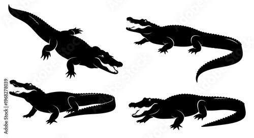 Four detailed black silhouettes of alligators or crocodiles with open mouths, isolated on a white background, showcasing their powerful forms and predatory natu