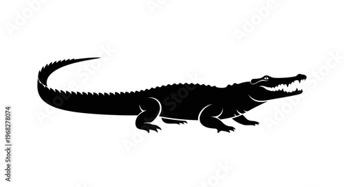 Black silhouette of a crocodile with its mouth open, isolated on a white background, side view.