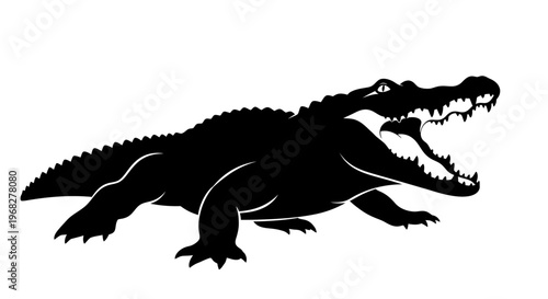 Alligator silhouette with open mouth on white background.