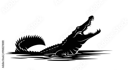 Powerful Alligator Silhouette Emerging from Water with Open Jaws.